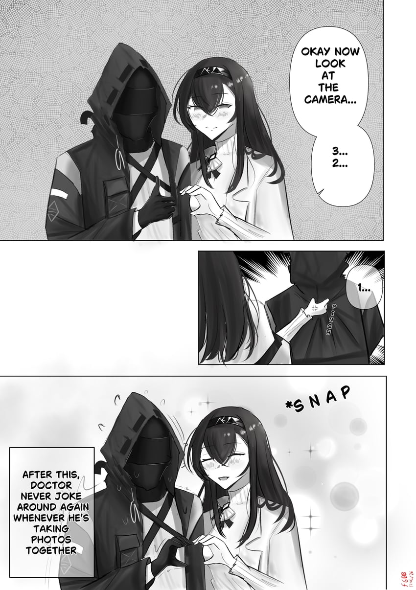 明日方舟、博士 (明日方舟)、普瑞赛斯 (明日方舟) 1名女孩 1个其他角色 三格漫画 :D 微笑