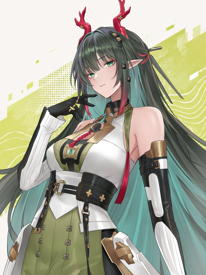 明日方舟、明日方舟：终末地、庄芳怡 (明日方舟) 1名女孩 露肩 黑色手套 黑发 黑色袖子