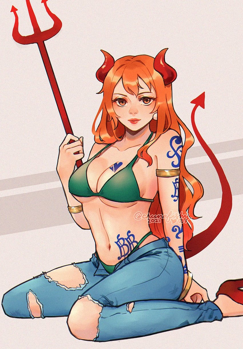 海贼王、娜美 (海贼王) 1名女孩 手臂纹身 比基尼 手链 胸部纹身