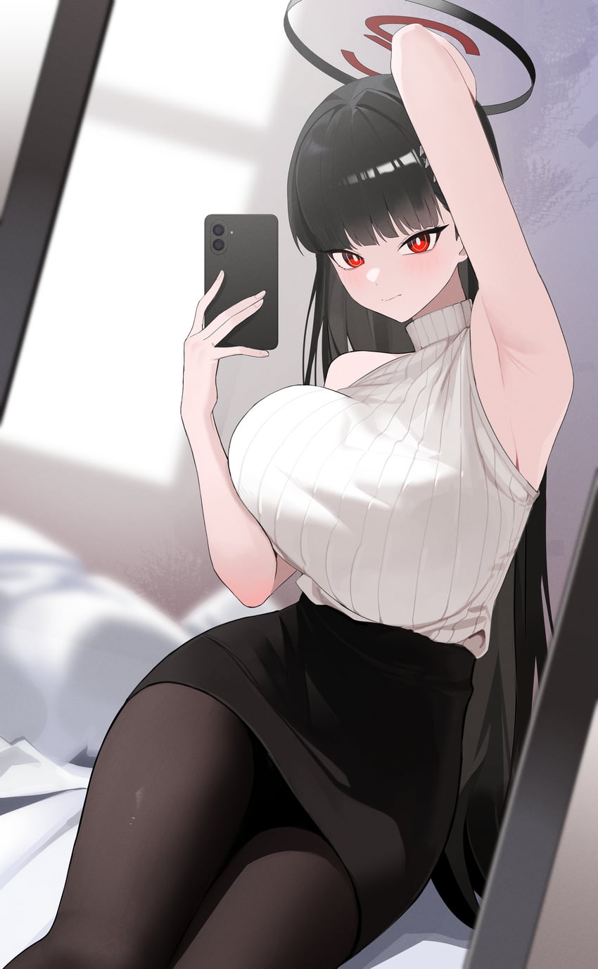 蔚蓝档案、莉央 (碧蓝档案) 黑发 黑色光环 黑色连裤袜 乳房 亮瞳