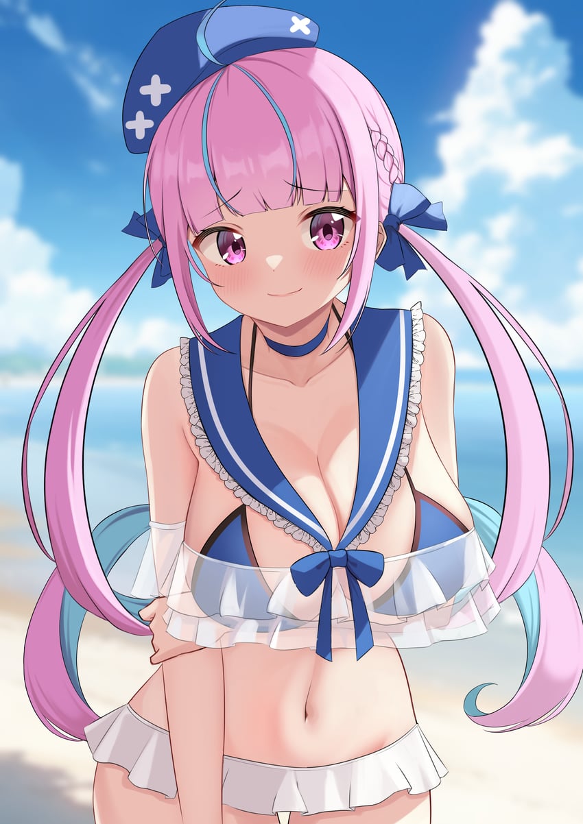 Hololive、凑阿库娅 1名女孩 呆毛 手臂托在乳房下 海滩 贝雷帽