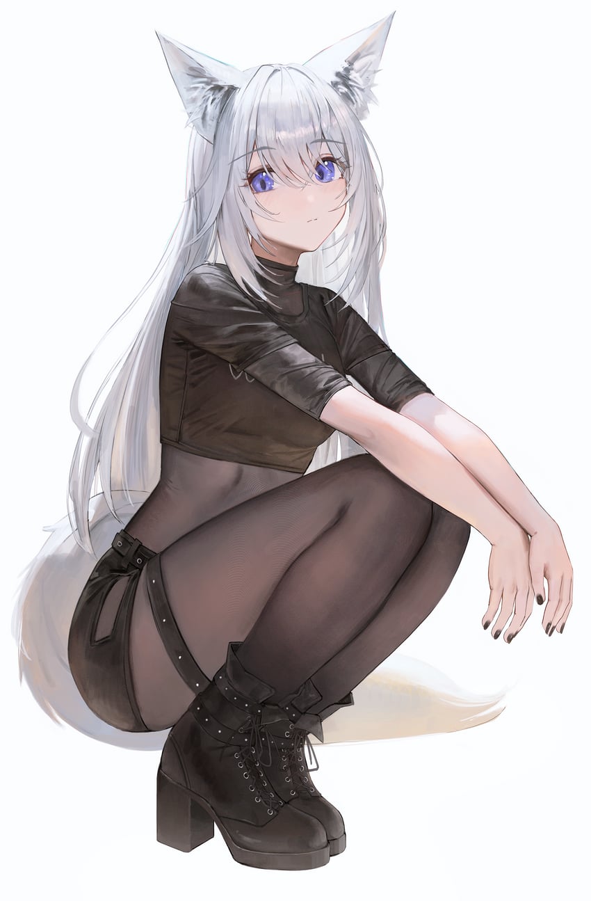 原创 1名女孩 兽耳毛 兽耳 踝靴 黑色靴子