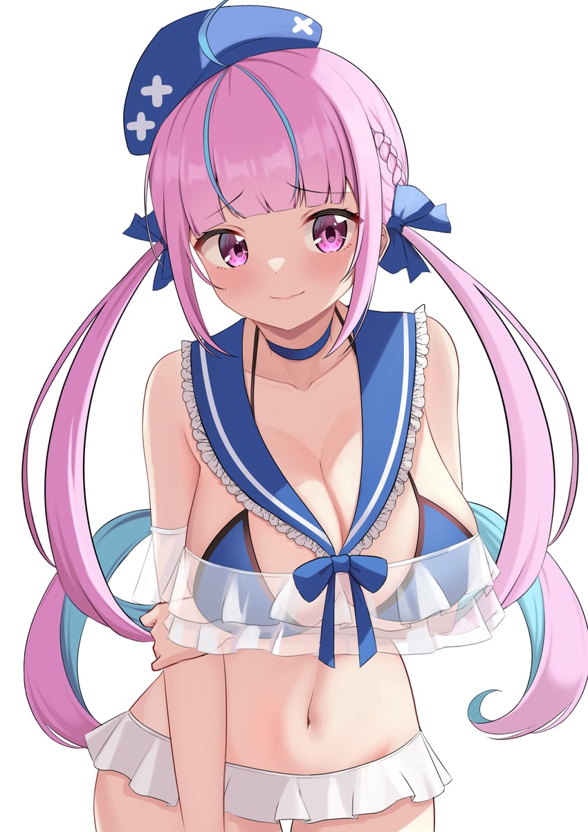 Hololive、凑阿库娅 1名女孩 呆毛 手臂托在乳房下 贝雷帽 比基尼