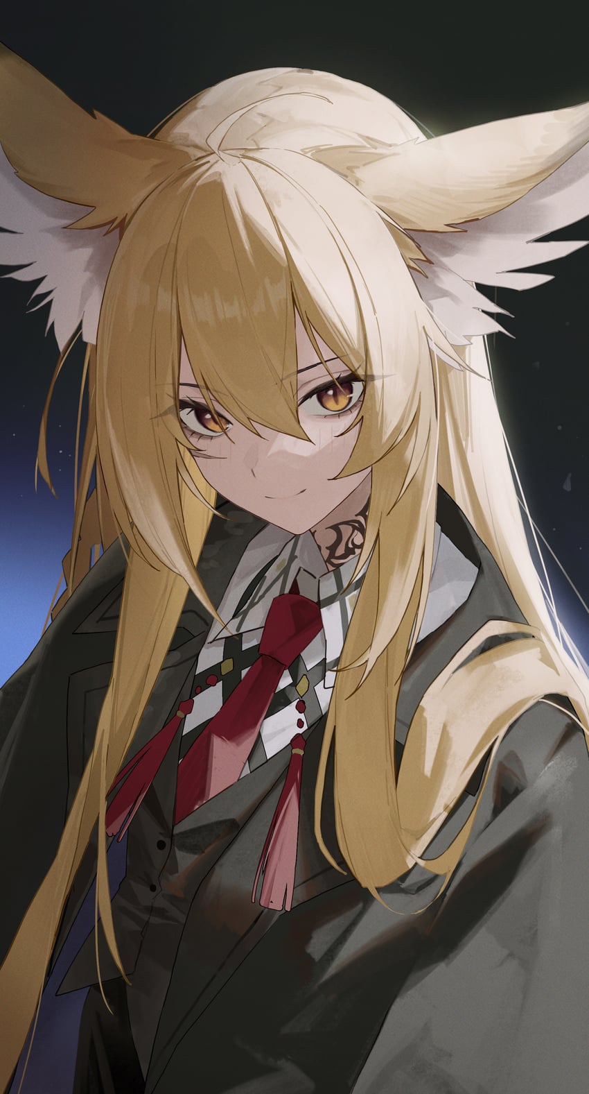 明日方舟、铃兰 (档案名) 1名女孩 兽耳 黑色背景 黑色大衣 金发