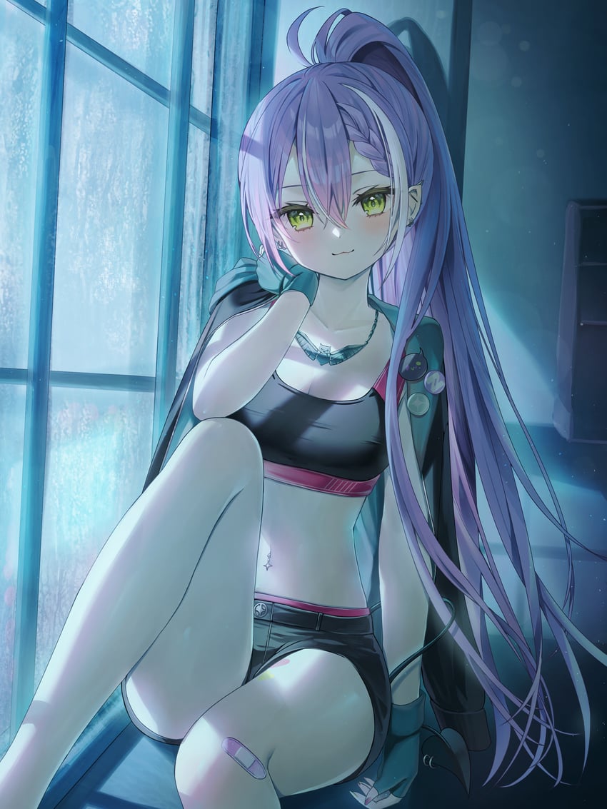 Hololive、常暗永远 1名女孩 猫脸笑 创可贴 腿上的创可贴 黑色夹克