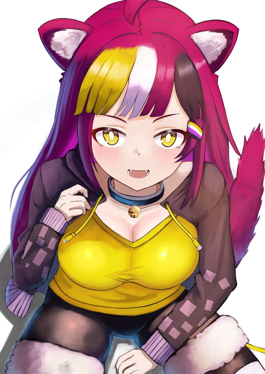 二次元插画 1名女孩 兽耳毛 铃铛 黑领 黑发