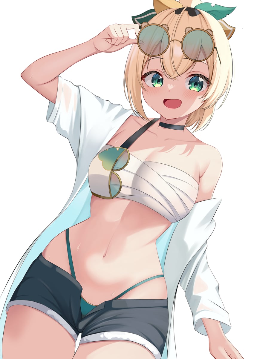 Hololive、风真伊吕波 1名女孩 举手 比基尼 只穿比基尼泳裤 黑色项圈