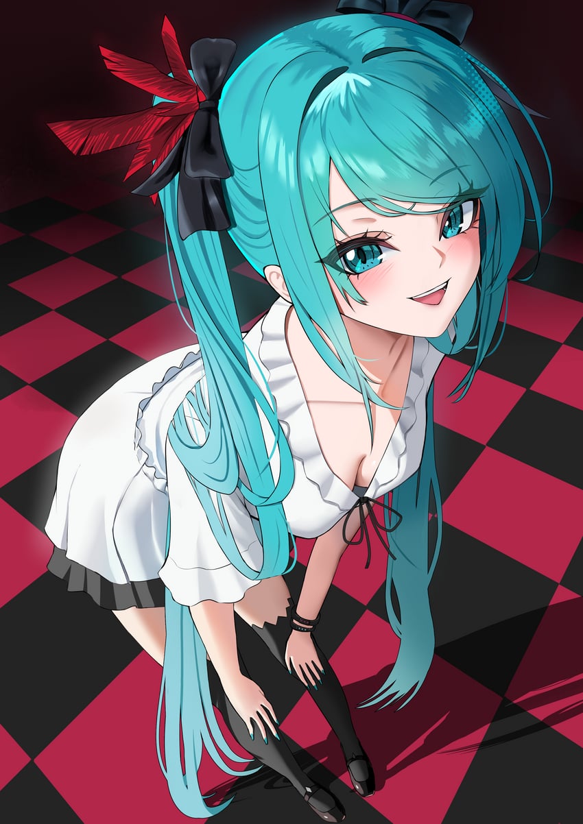 VOCALOID、初音未来 1名女孩 水色瞳 水色发 水蓝色指甲 黑鞋