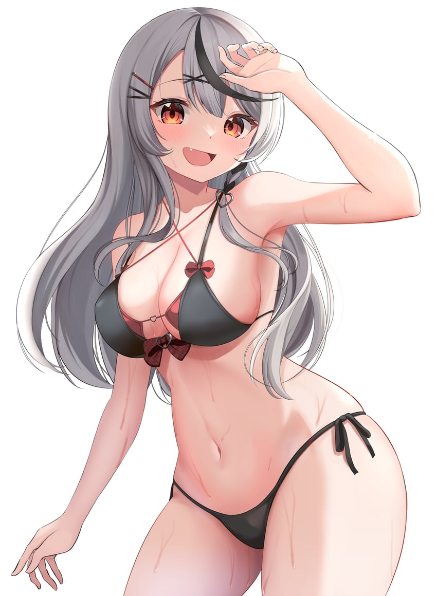 Hololive、沙花叉克萝耶、沙花叉克萝耶 (2022夏季) 1名女孩 露肩 比基尼 黑色比基尼 黑条纹/黑挑染