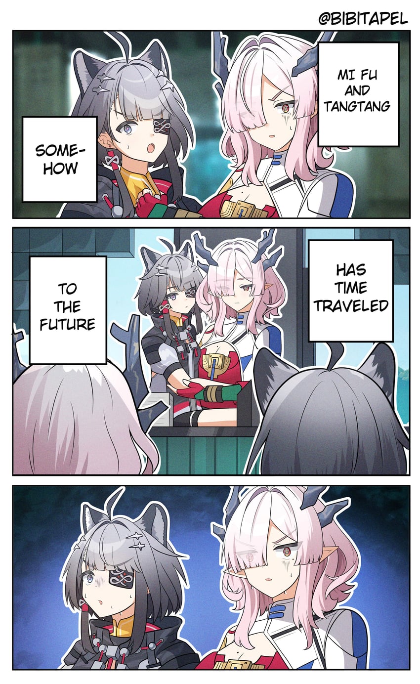 明日方舟、明日方舟：终末地、弥伏 (明日方舟) 2名女孩 三格漫画 呆毛 黑发 漫画