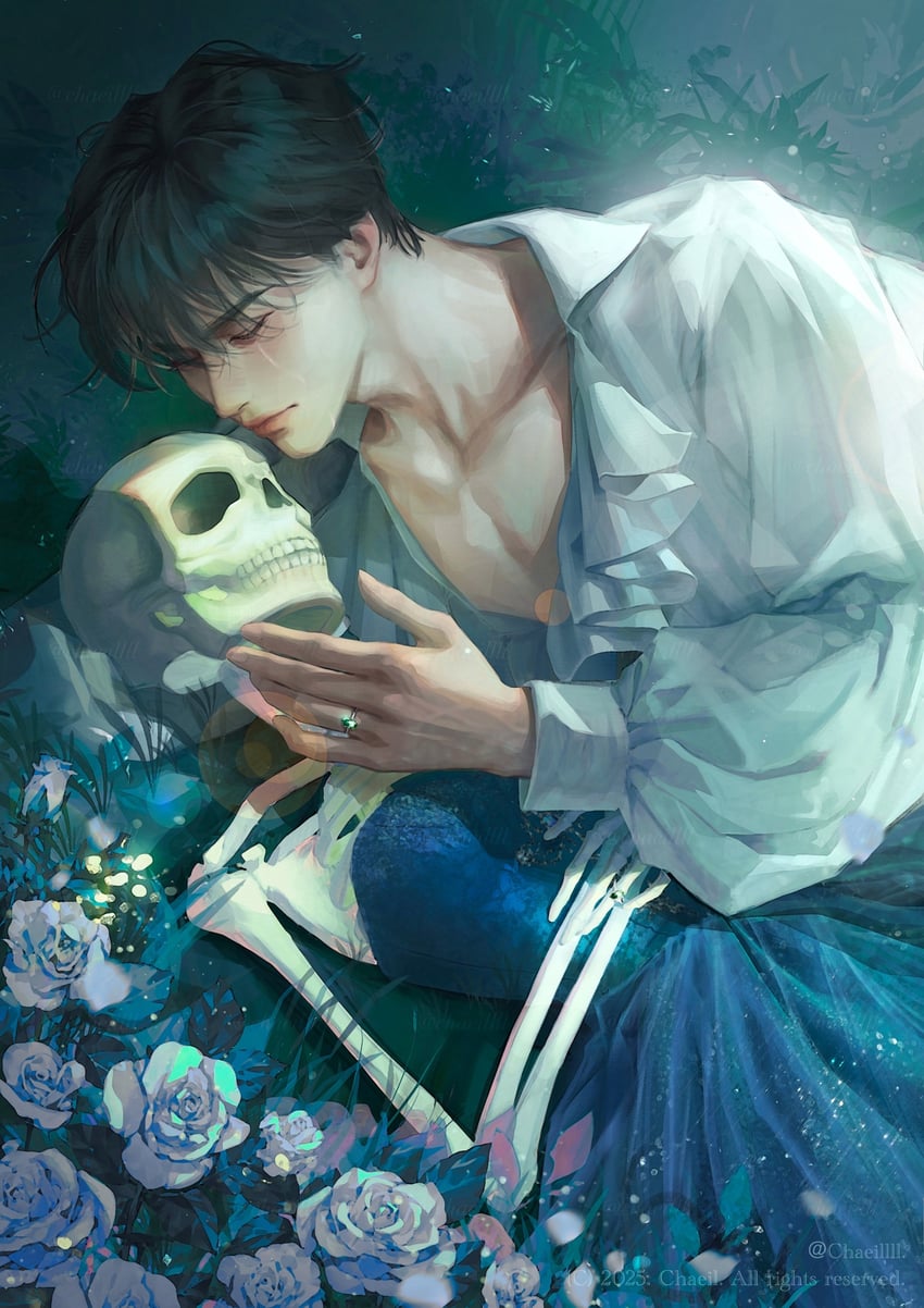 原创 1名男孩 喉结 作者名 黑发 蓝色连衣裙