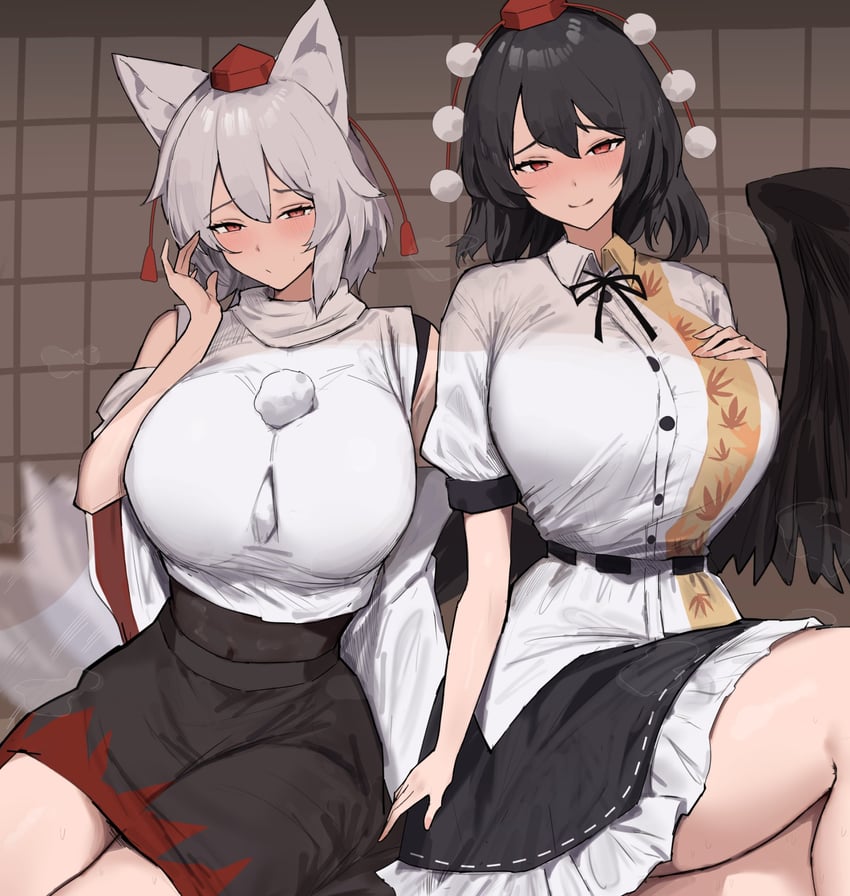 东方Project、犬走椛、射命丸文 2名女孩 异形乳量 (大) 兽耳 鸟翼 黑发