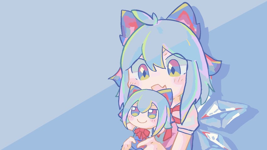 东方Project、琪露诺 1名女孩 :D 呆毛 蓝色背景 蓝色蝴蝶结
