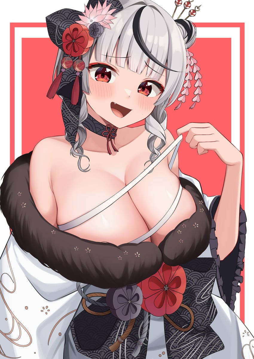 Hololive、沙花叉克萝耶、沙花叉克劳耶 (新年) 1名女孩 露肩 黑色项圈 黑饰带 黑条纹/黑挑染