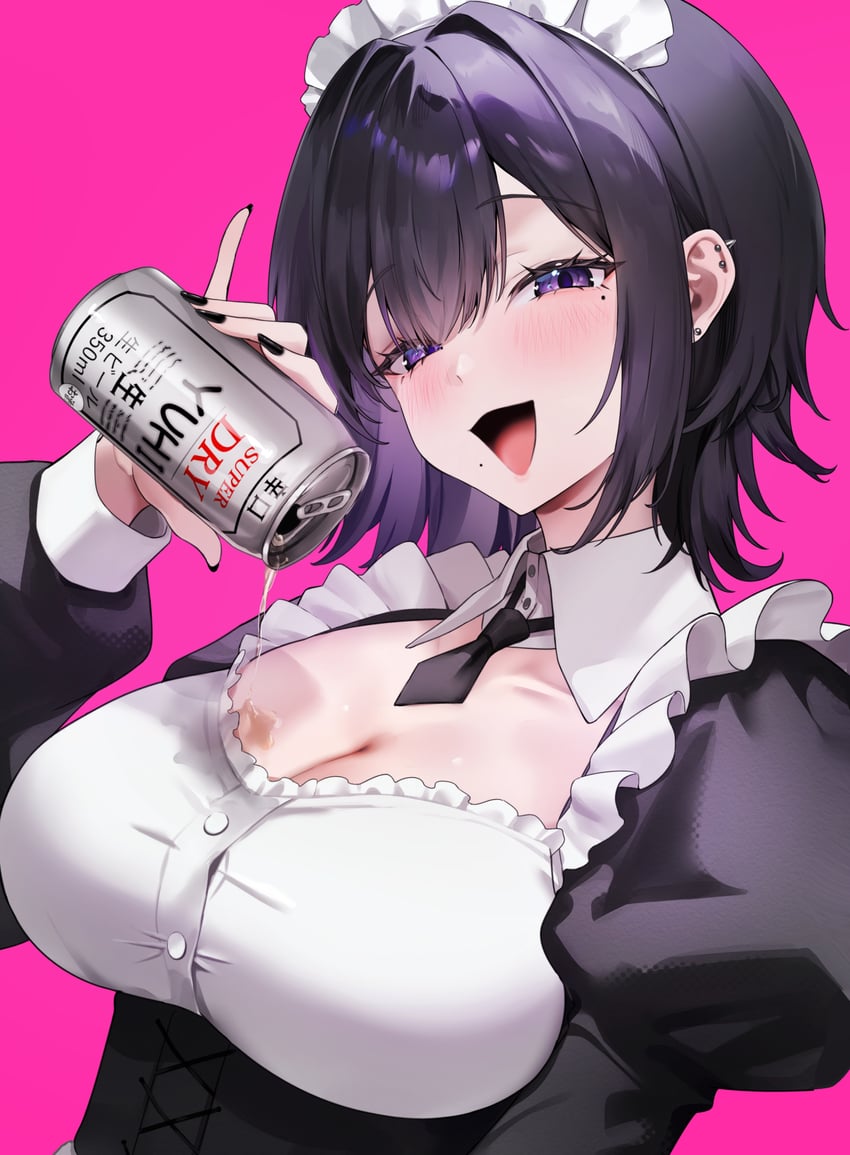 原创 1名女孩 啤酒罐 黑色连衣裙 黑色领带 乳房