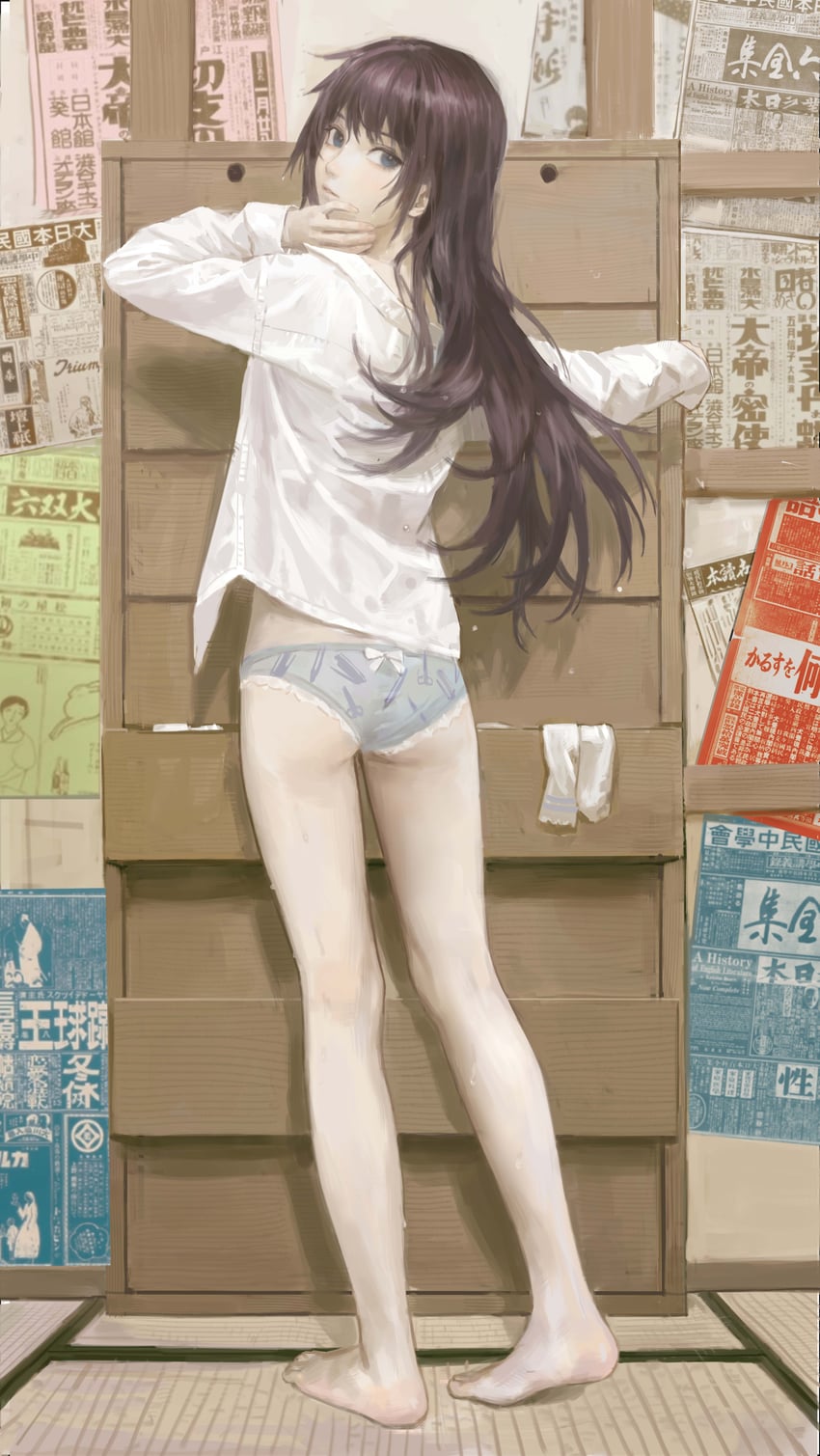 化物语、物语系列、战场原黑仪 1名女孩 赤脚 蓝眼 boxcutter print 有领衬衫