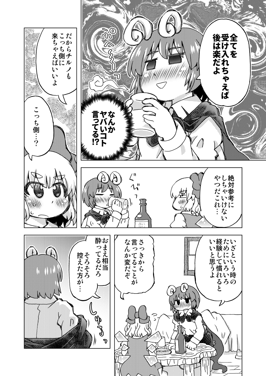 东方Project、琪露诺、莉格露·奈特巴格 2名女孩 :D 酒 脸红 瓶子