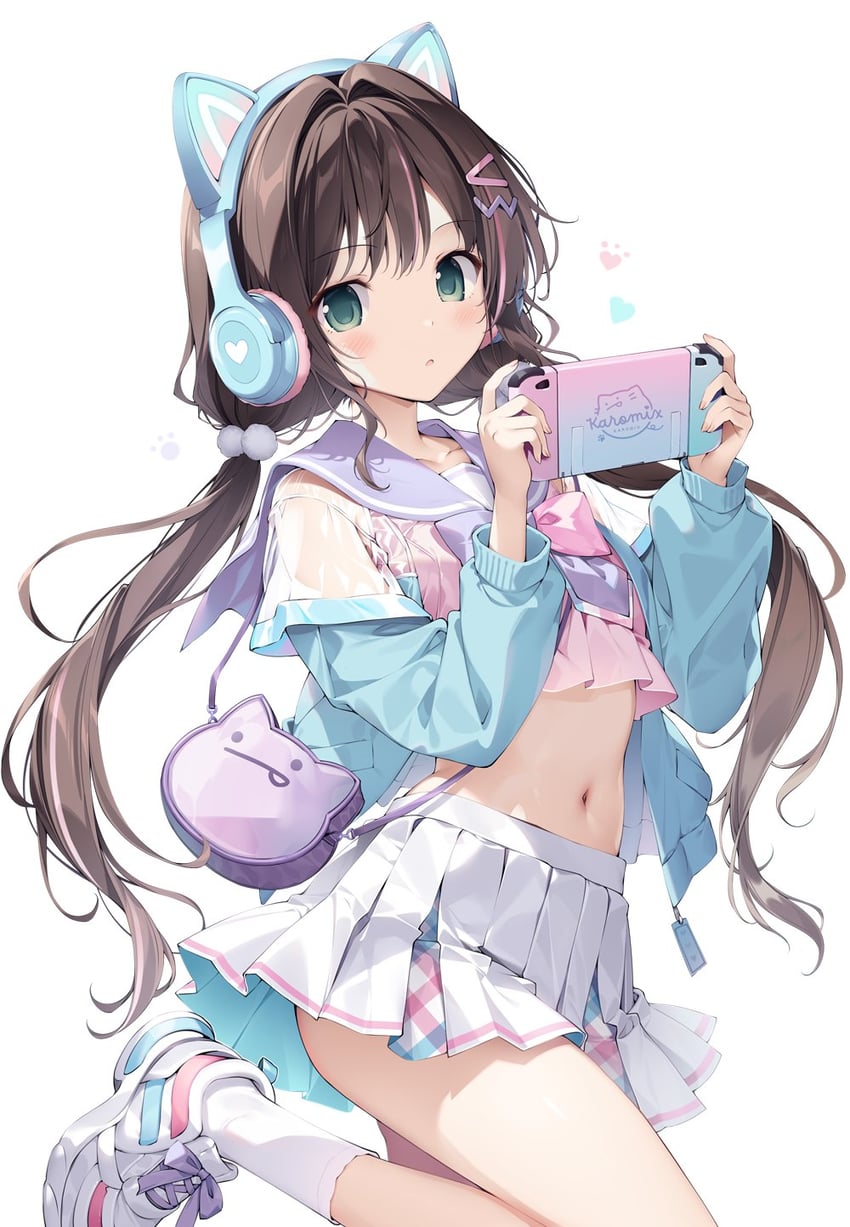 原创、星宫天音 (karory) 1名女孩 兽耳耳机 兽耳 蓝色夹克 蝴蝶结
