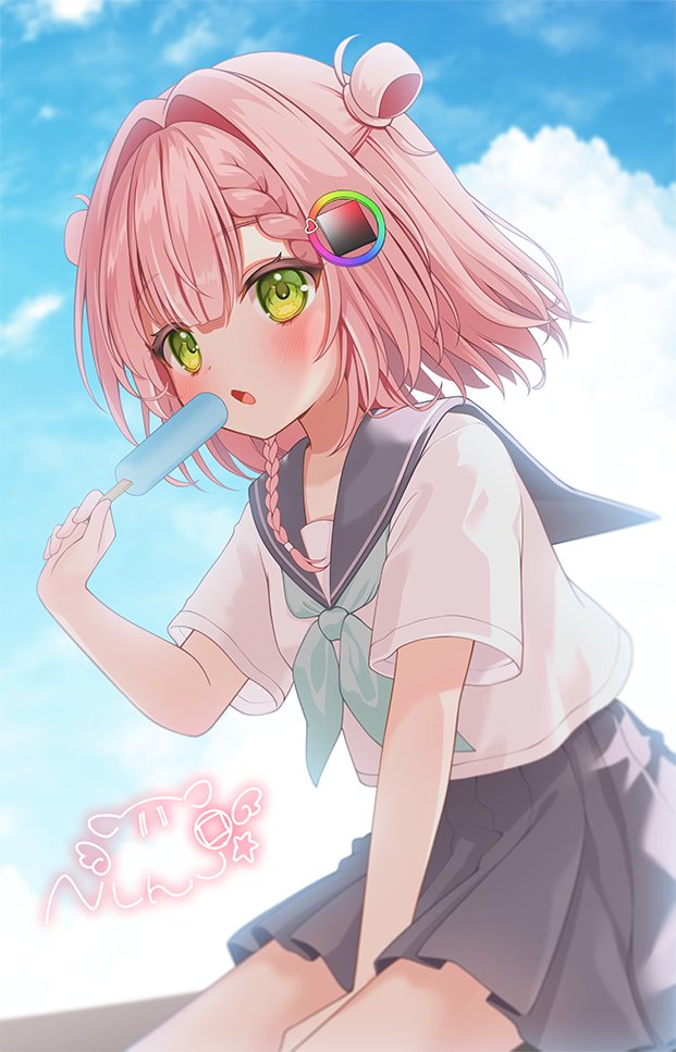 百万制作、nijipuka nuhu (vtuber) 1名女孩 水蓝色领带 腿间 黑色水手领 黑色裙子