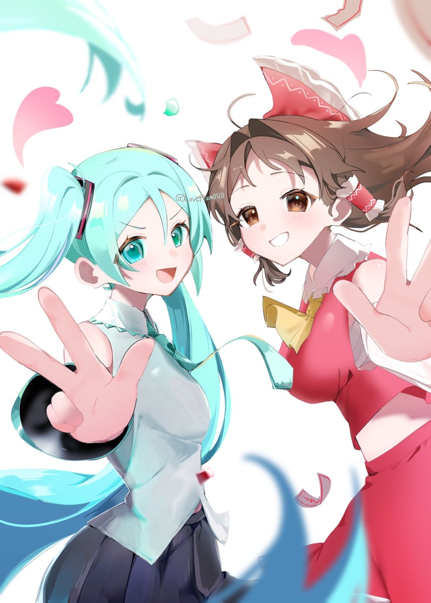 东方Project、VOCALOID、博丽灵梦 2名女孩 水色瞳 水色发 水蓝色领带 阿斯科特领巾
