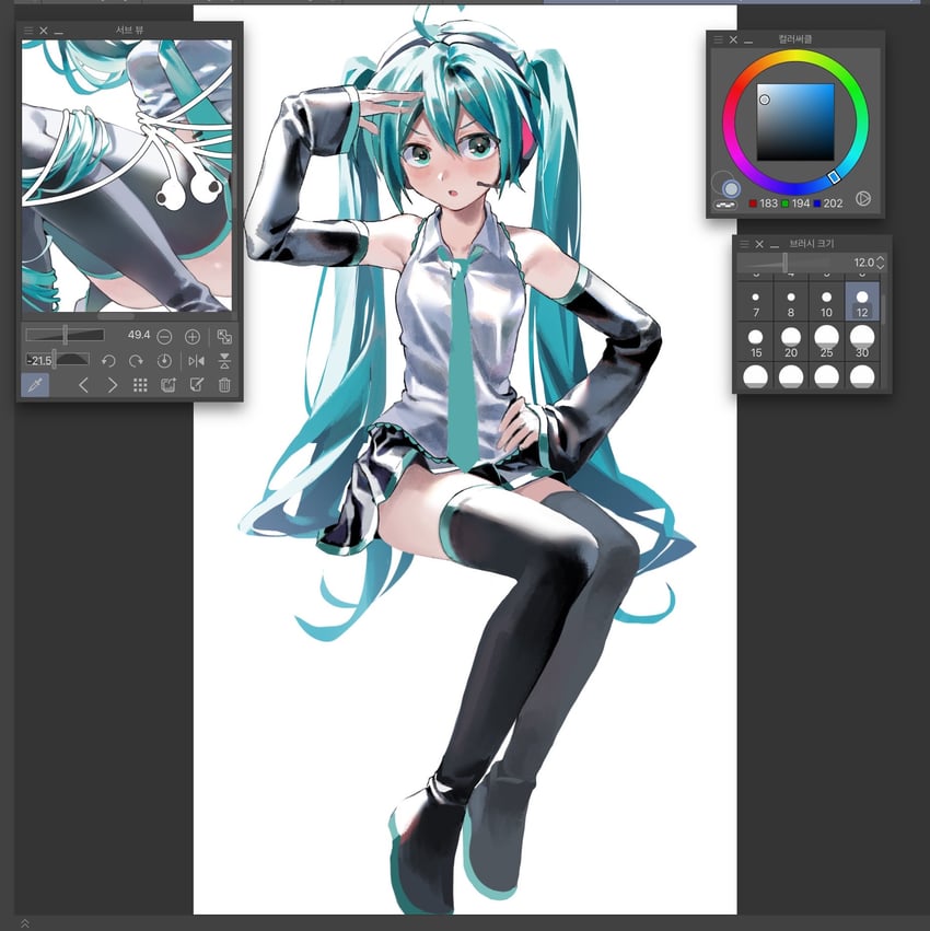 VOCALOID、初音未来 1名女孩 呆毛 水色发 水蓝色领带 举手