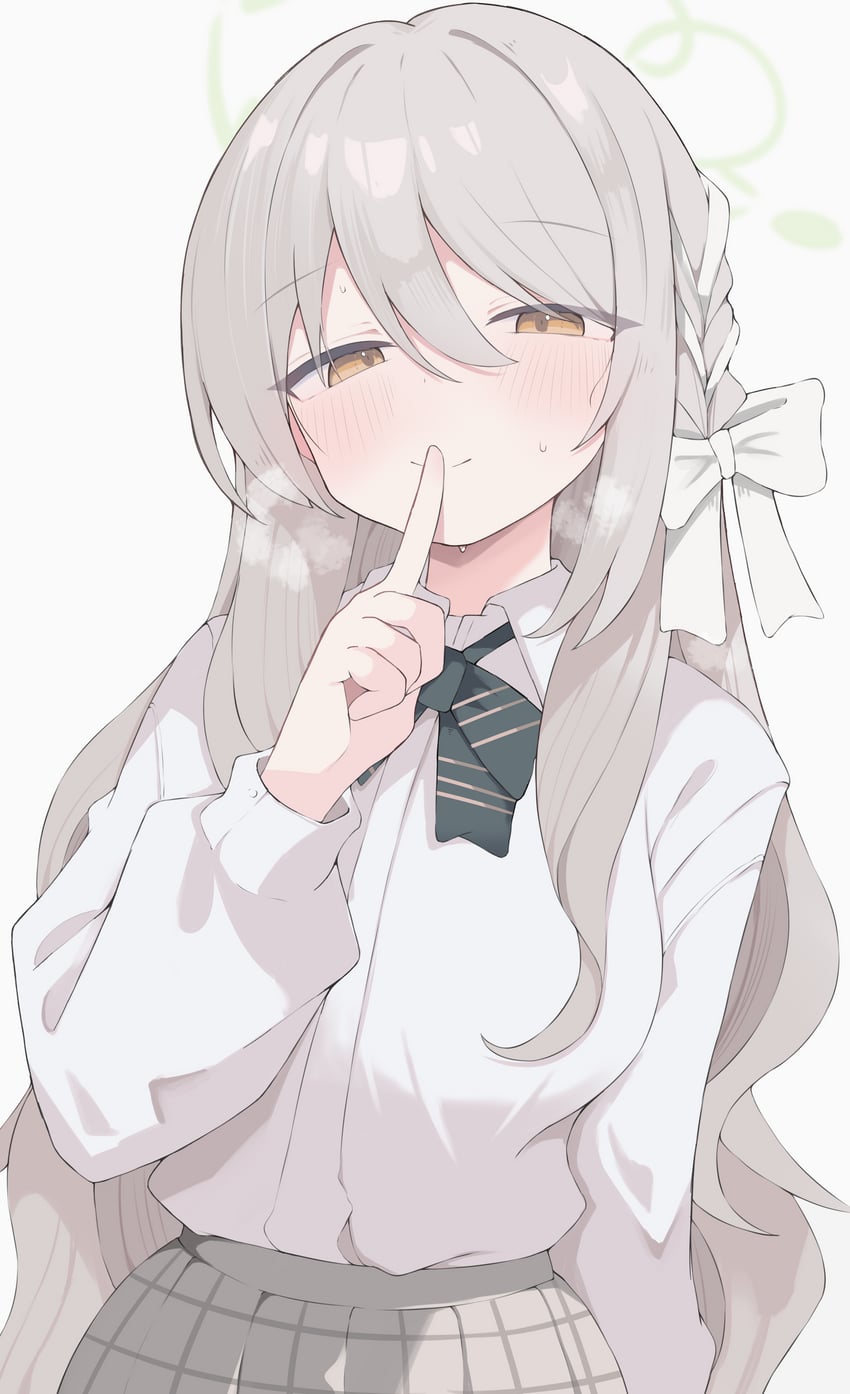 二次元插画 1名女孩 脸红 蝴蝶结 辫子 有领衬衫