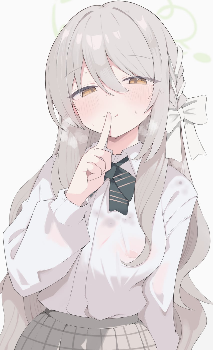 二次元插画 1名女孩 脸红 蝴蝶结 辫子 手指放嘴边