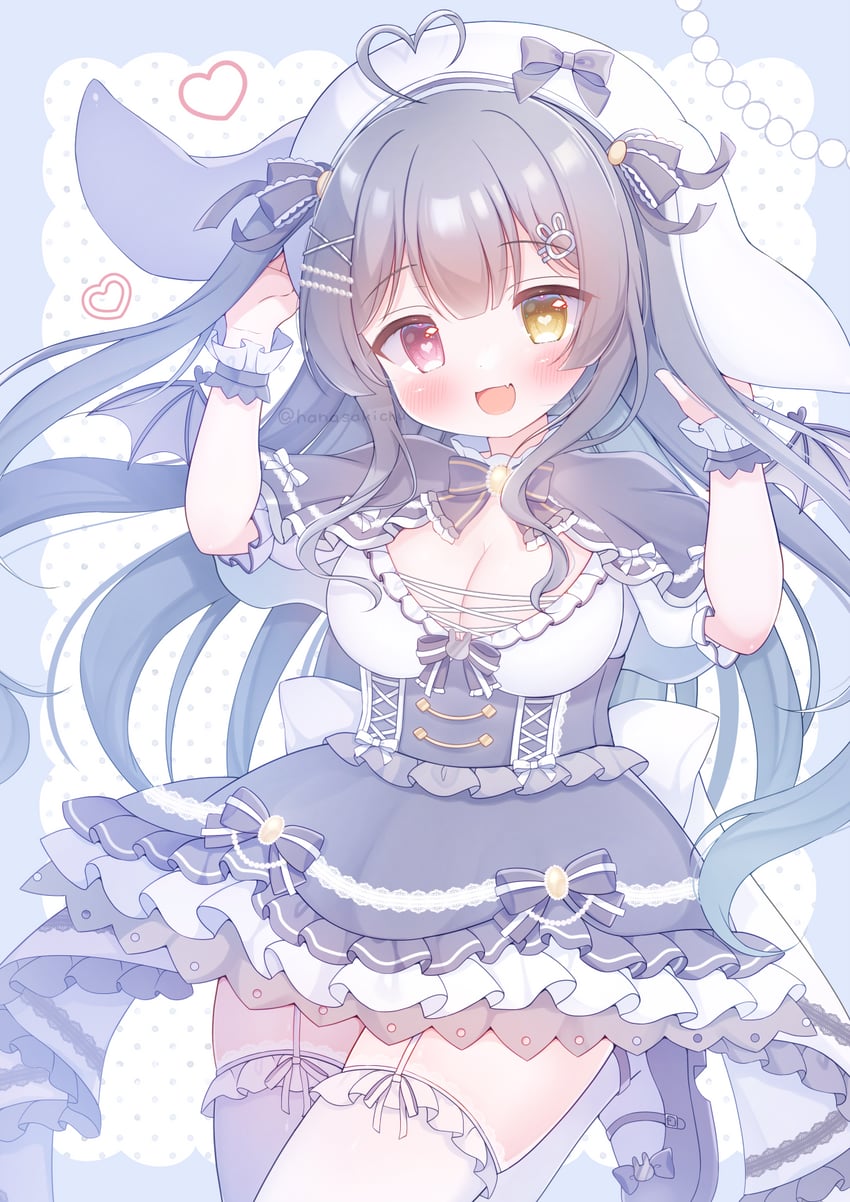 二次元插画 1名女孩 呆毛 兽耳 黑发 乳房