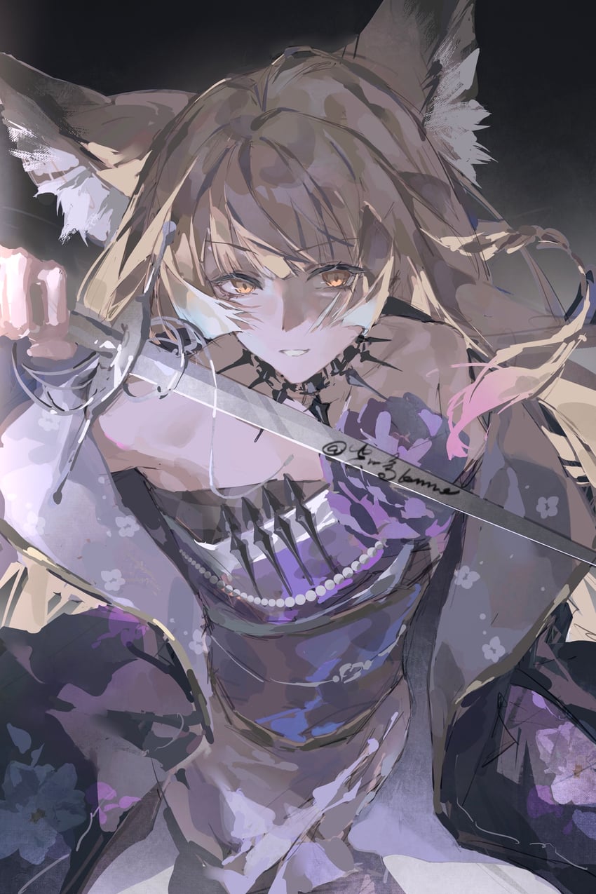 明日方舟、铃兰 (档案名) 1名女孩 兽耳毛 兽耳 露肩 黑色背景
