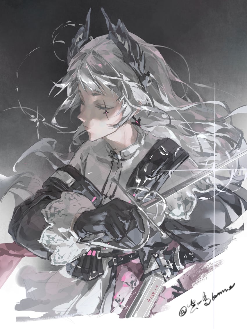 明日方舟、艾丽妮 (明日方舟) 1名女孩 兽耳 非对称双持 鸟耳 黑色翅膀