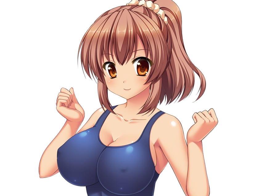 梦见颊！、toriumi hinata 1名女孩 蓝色连体泳衣 脸红 乳房 棕眼睛