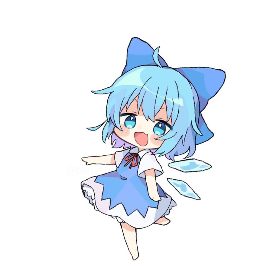 东方Project、琪露诺 1名女孩 :D 呆毛 赤脚 蓝色蝴蝶结