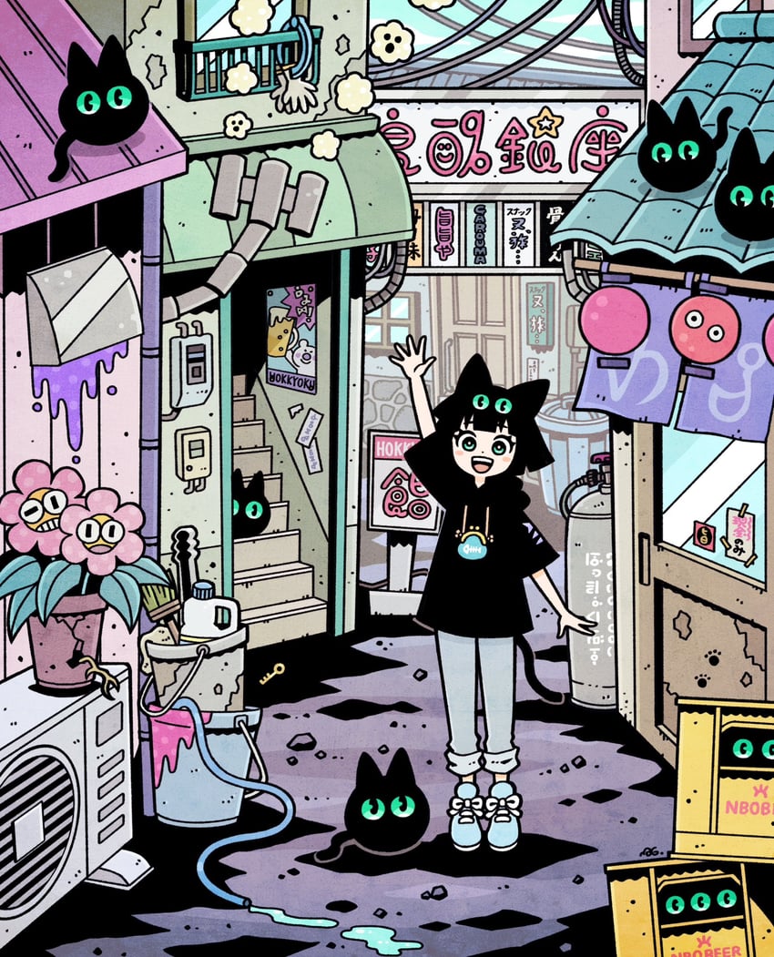 原创 1名女孩 动物 兽耳 举手 黑发