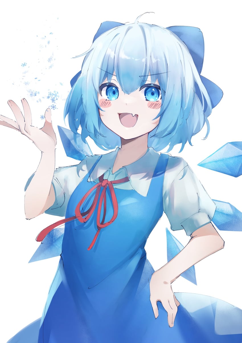 东方Project、琪露诺 1名女孩 :D 呆毛 蓝色蝴蝶结 蓝色连衣裙