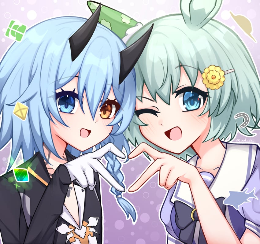 梦幻之星、梦幻之星Online 2、赛马娘 2名女孩 兽耳 黑衬衫 蓝眼 杜曼族