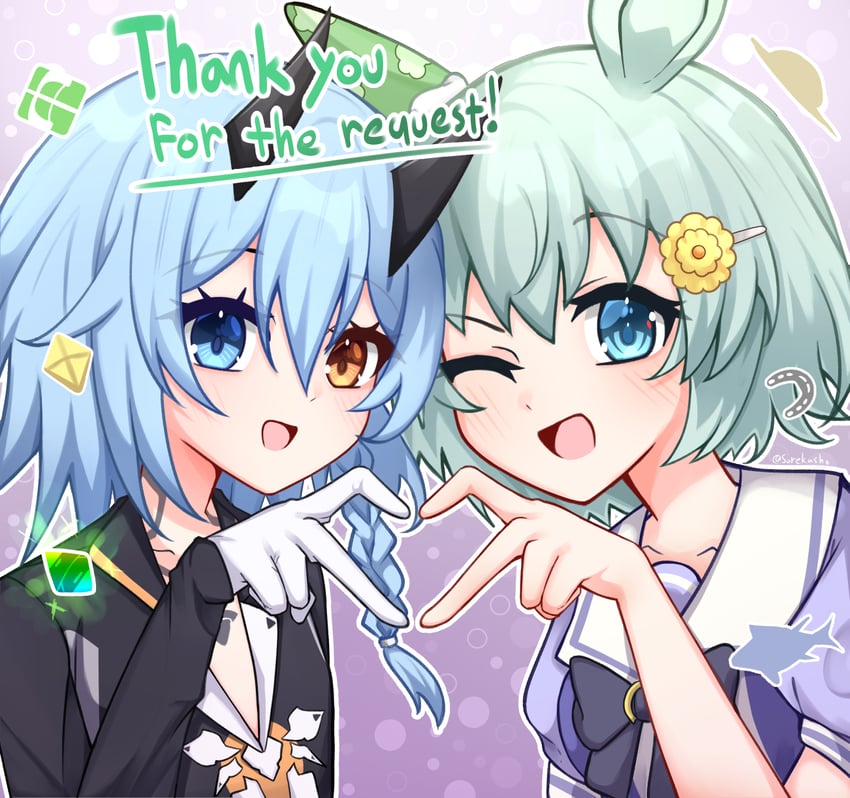 梦幻之星、梦幻之星Online 2、赛马娘 2名女孩 兽耳 黑衬衫 蓝眼 杜曼族