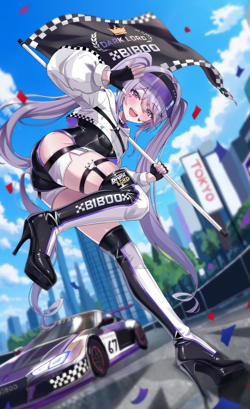 Hololive、Hololive英语、古石比珠 1名女孩 汽车 方格旗 旗帜 宝石