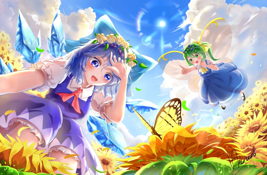 东方Project、琪露诺、大妖精 2名女孩 :D 阿斯科特领巾 蓝色蝴蝶结 蓝色连衣裙