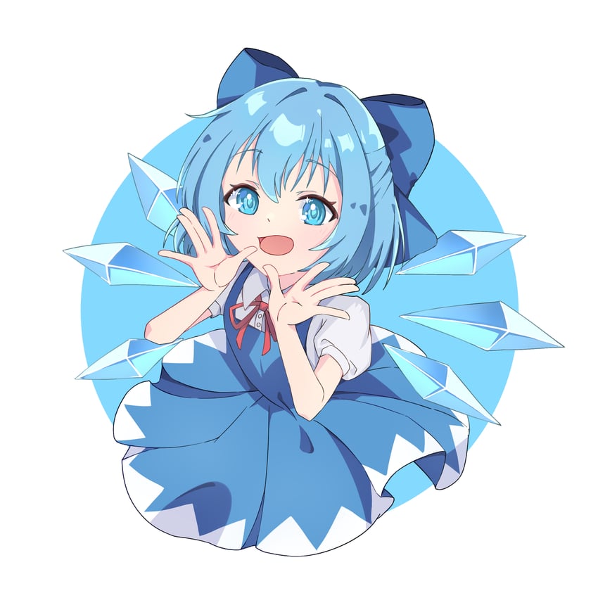东方Project、琪露诺 1名女孩 放射线条/杂草 蓝色背景 蓝色蝴蝶结 蓝色连衣裙