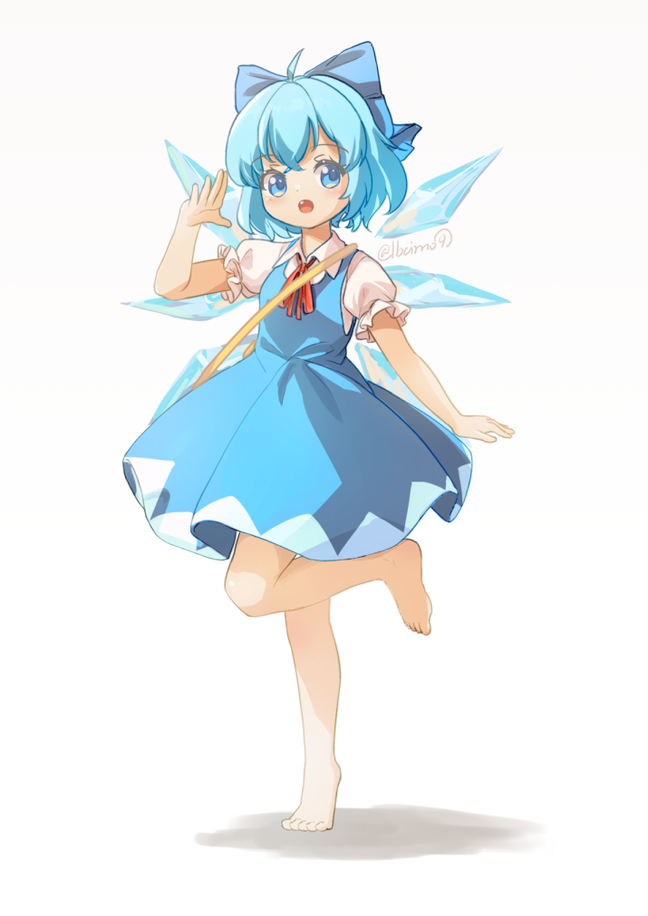 东方Project、琪露诺 1名女孩 赤脚 蓝色蝴蝶结 蓝色连衣裙 蓝眼