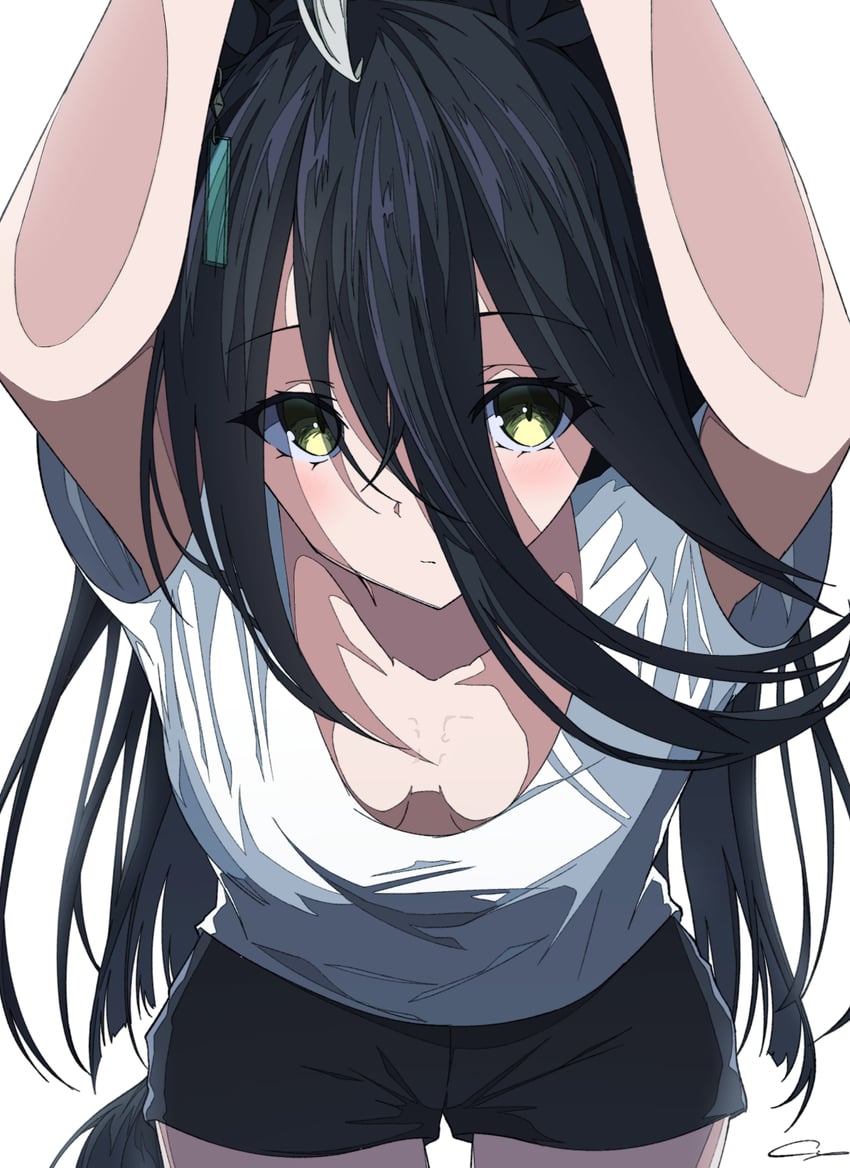 赛马娘、曼城茶座 (赛马娘) 1名女孩 呆毛 兽耳 黑发 黑色短裤
