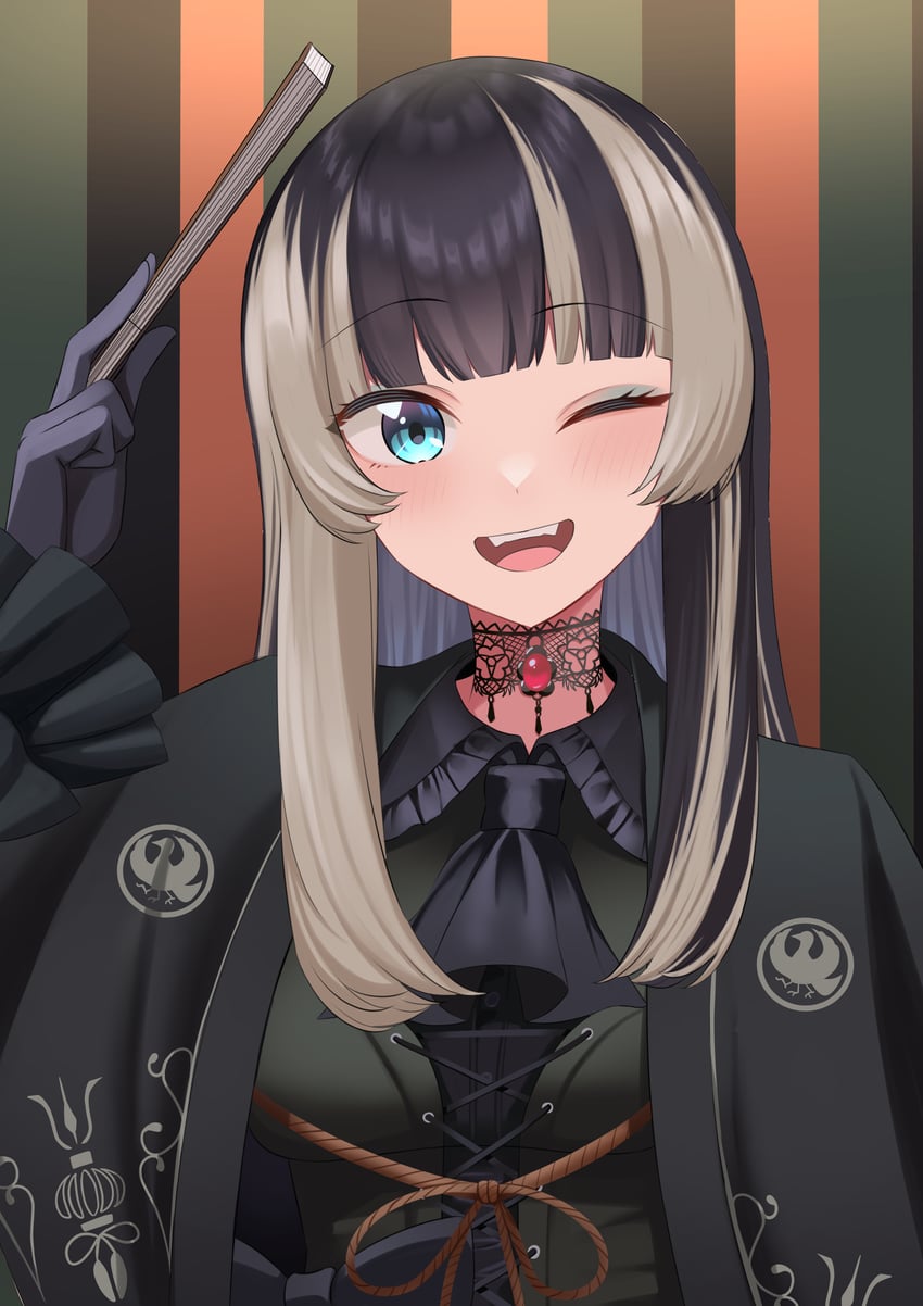 Hololive、hololive DEV_IS、儒乌风亭螺钿 1名女孩 黑领 黑色手套 黑发 黑色和服