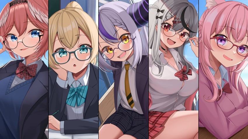 Hololive、博衣小夜里、风真伊吕波 5名女孩 调整眼镜 呆毛 替换服装 兽耳毛