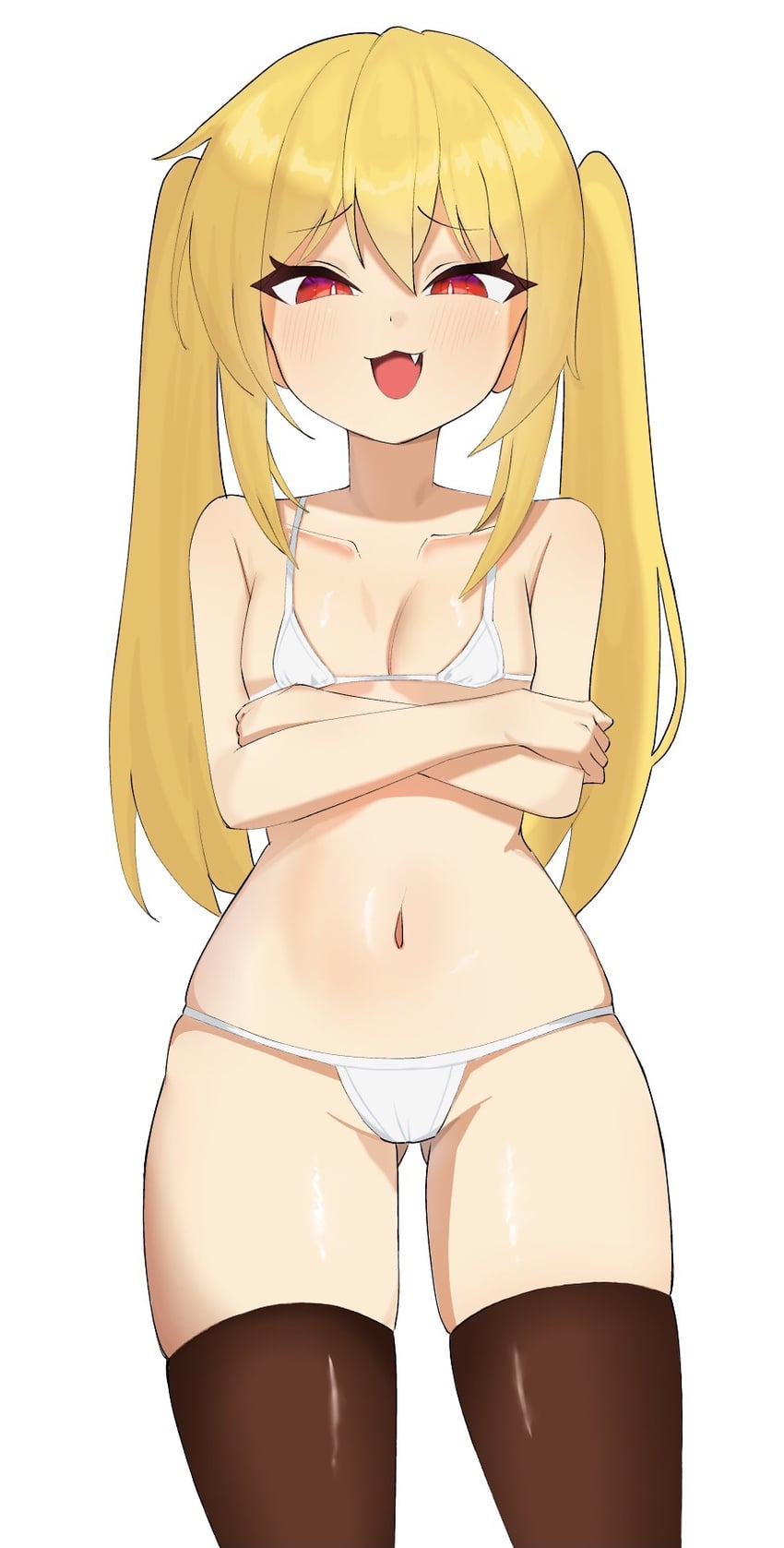 二次元插画 1名女孩 猫脸笑 比基尼 黑色过膝袜 交叉双臂