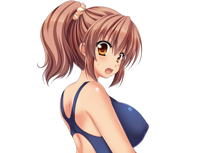 梦见颊！、toriumi hinata 1名女孩 蓝色连体泳衣 脸红 乳房 棕眼睛