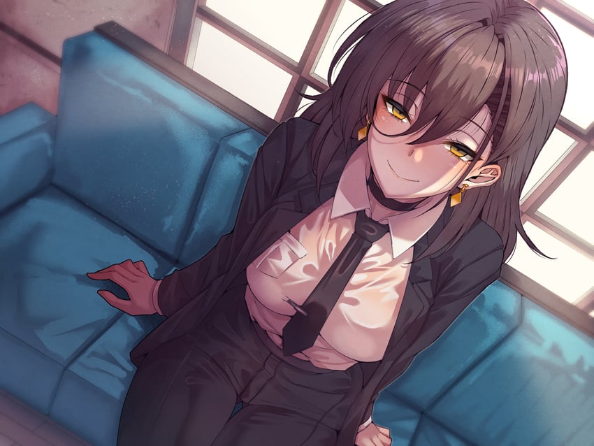 原创 1名女孩 黑发 黑色夹克 黑色领带 黑裤子