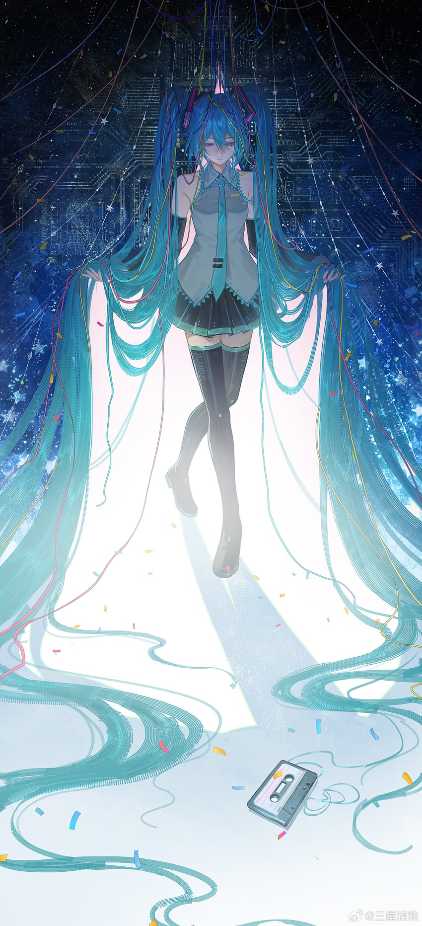 VOCALOID、初音未来 1名女孩 荒谬的长发 水色发 水蓝色指甲 水蓝色领带