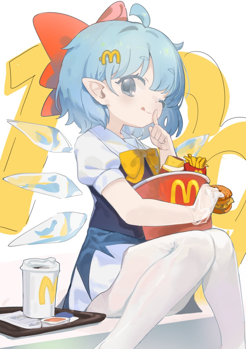 麦当劳、东方Project、琪露诺 1名女孩 :q ;q (表情) 蓝色连衣裙 蓝眼