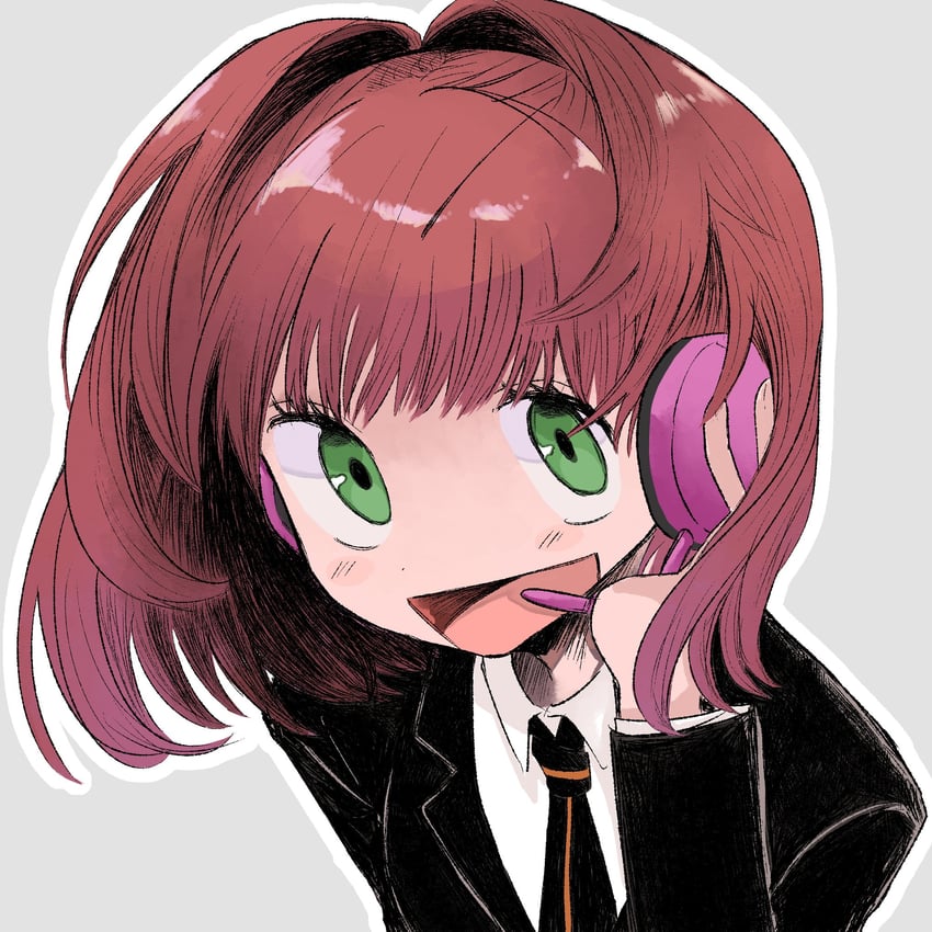 二次元插画 1名女孩 黑色夹克 黑色领带 脸红 Q版