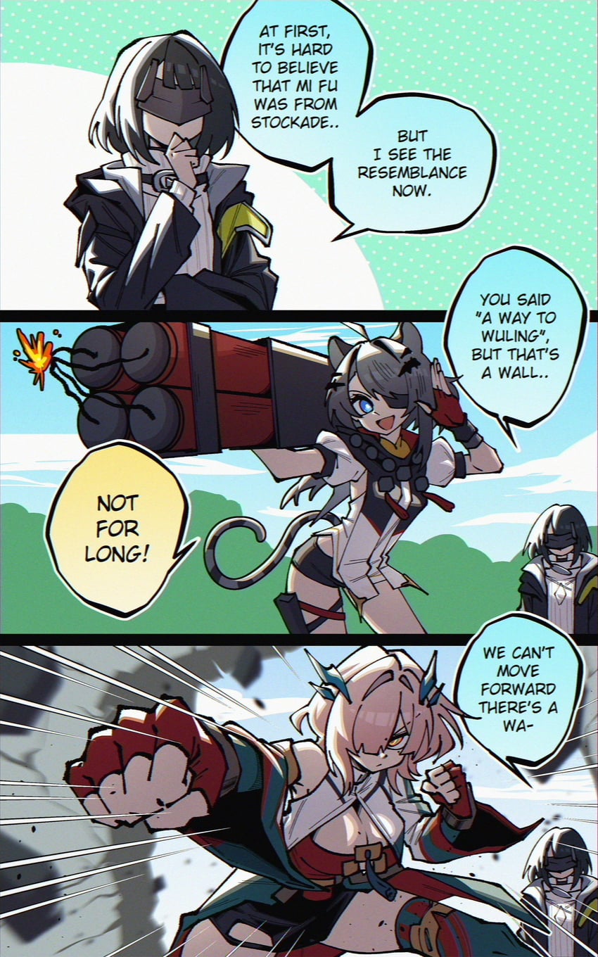 明日方舟、明日方舟：终末地、管理员 (明日方舟) 两格漫画 3人女子 兽耳 黑色大衣 黑发